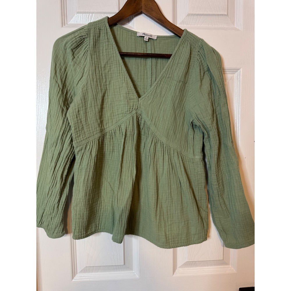 Madewell Sage Green Double Gauze V-Neck Empire Waist Peplum Top XS Long Sleeve